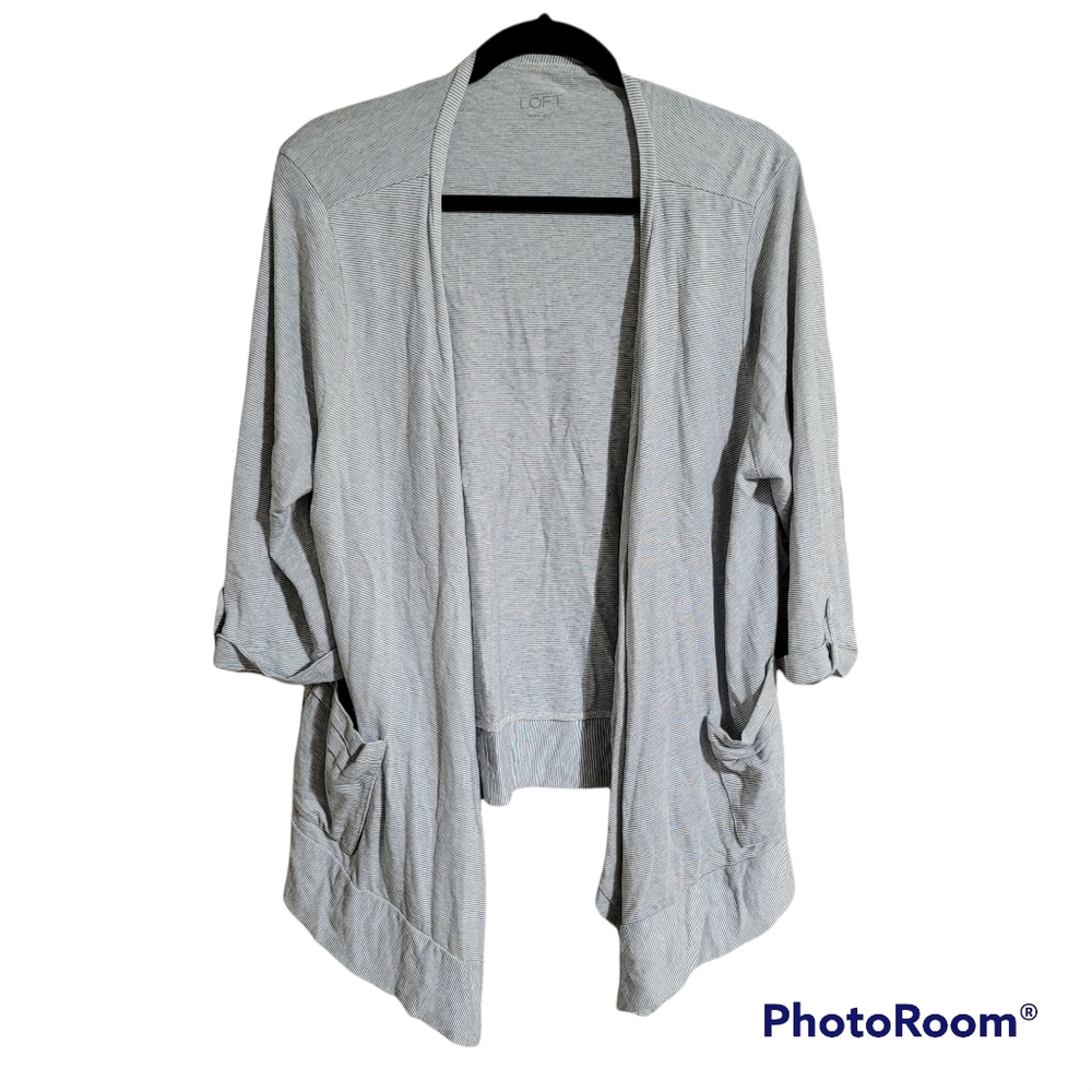 Loft Gray White Striped Open Front Waterfall Roll Tab Sleeve Lightweight Sweater
